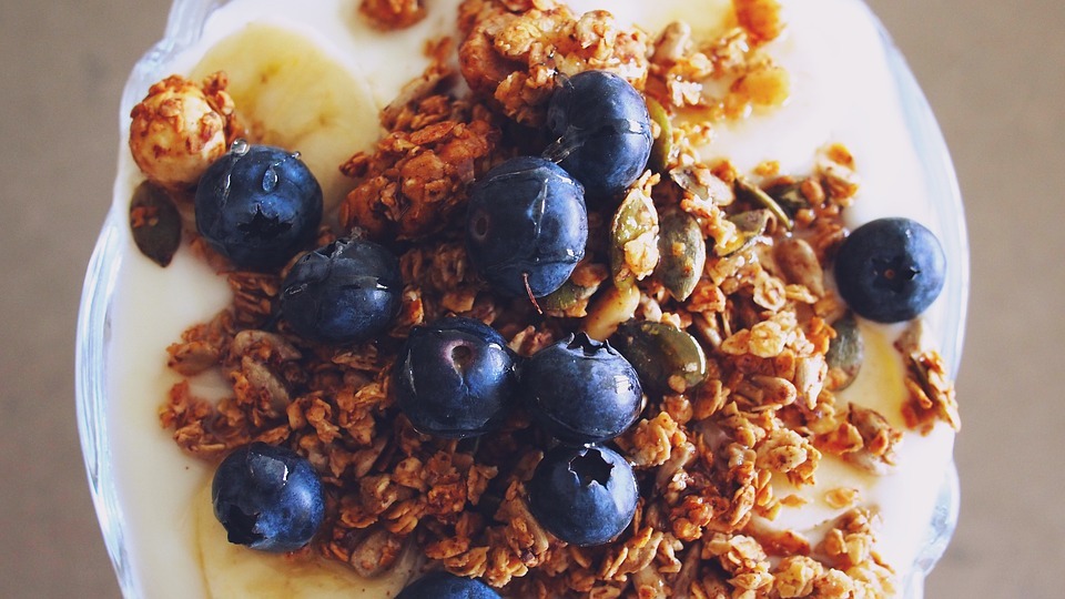 granola topped with blueberries
