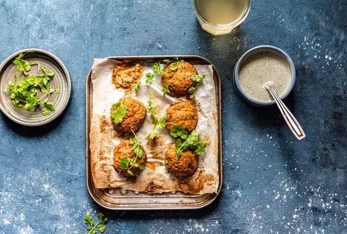 Baked Chicken Meatballs with Garlic-Dill Yogurt Sauce