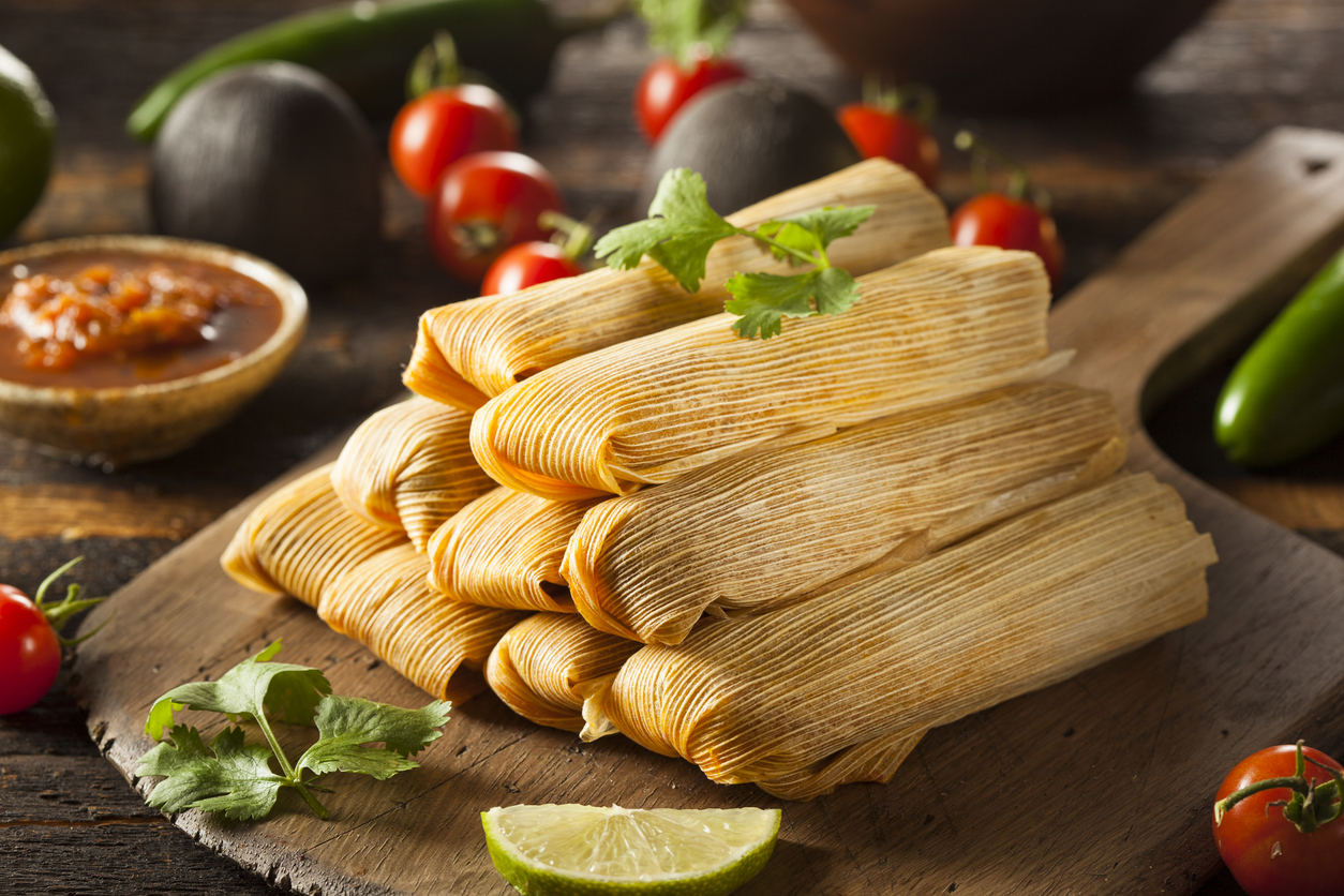 Homemade corn and chicken tamales ready to eat