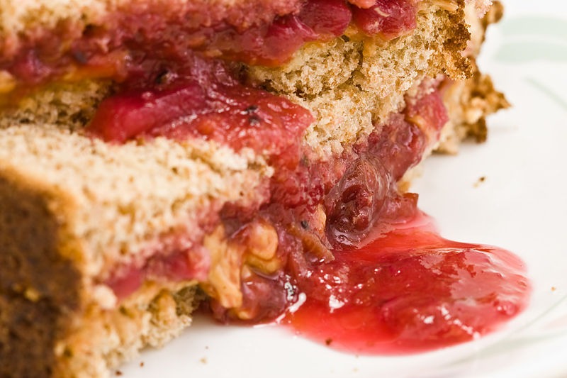 Crunchy and oozing peanut butter and jelly sandwich